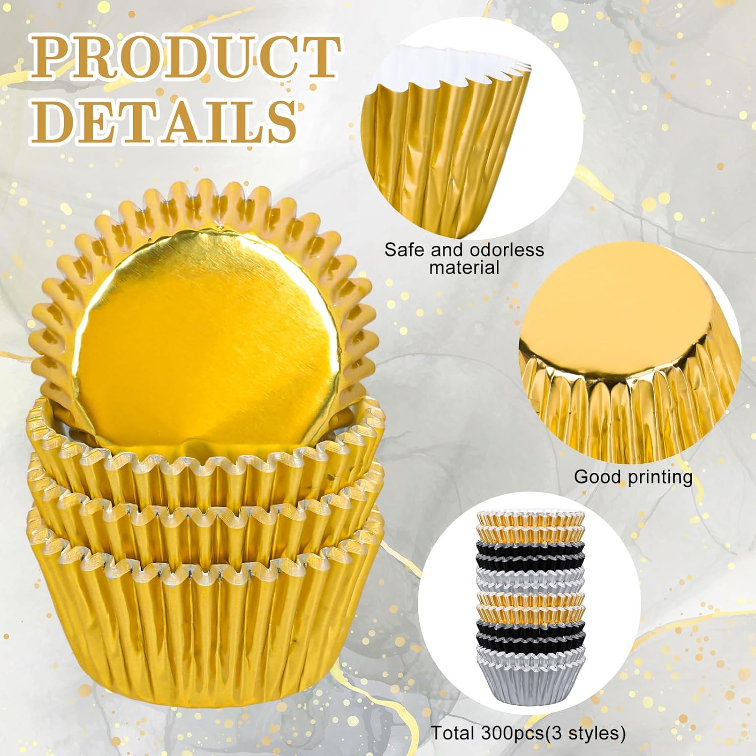 Whaline Graduation Cupcake Liners - 300 Pcs Black, Silver & Gold Foil Baking Cups for Parties