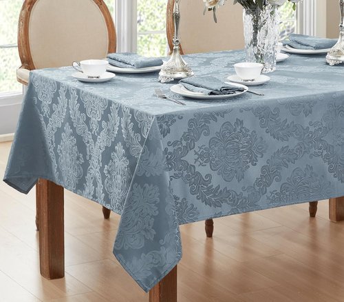 Newbridge Barcelona Damask Fabric Tablecloth, 60 x 144 Inch Rectangle, Blue – No Iron, Soil Resistant Table Cover for Dining, Parties and Holidays