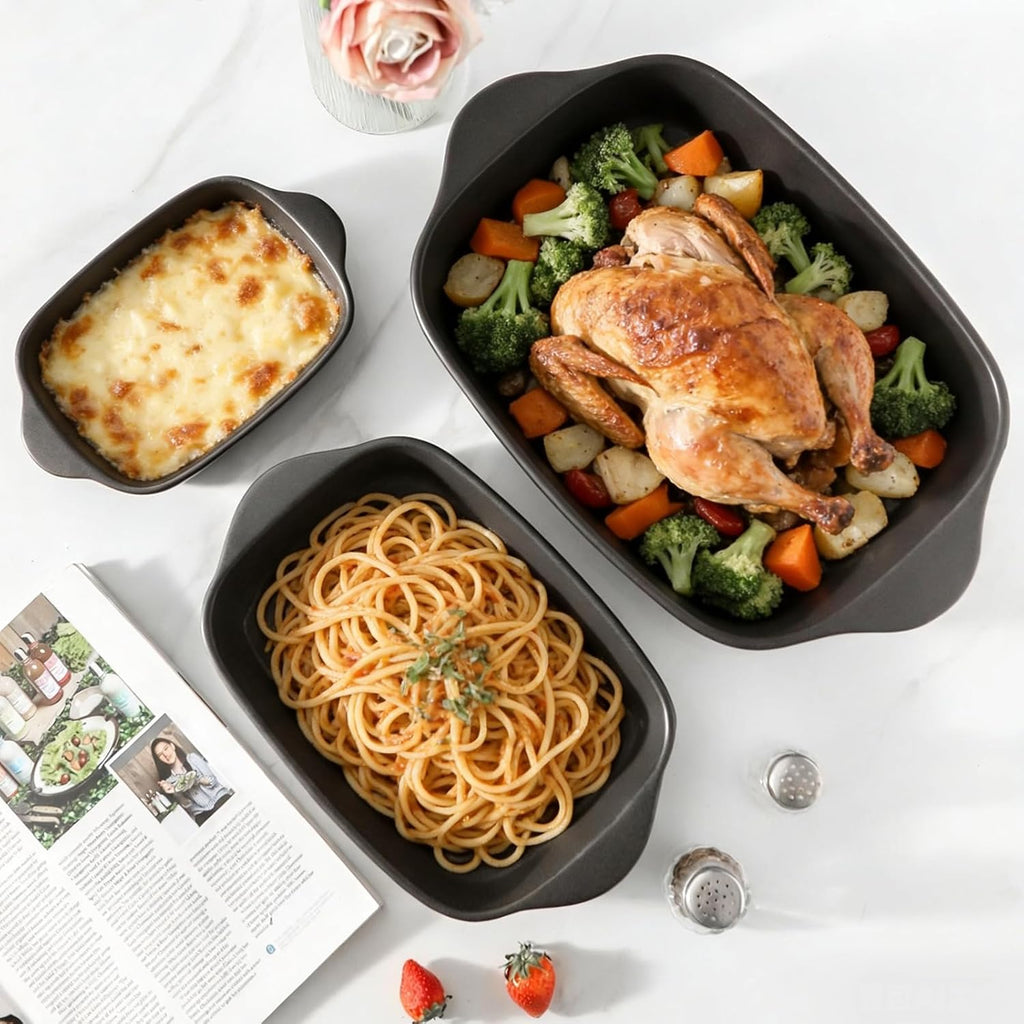 Regine Switzerland Casserole Dish Set - Ceramic Bakeware for Oven | 3 Deep Dishes in Matte Black (0.63/1.8/4 QT)
