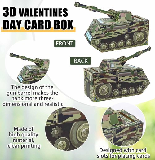 HEIPINIUYE Valentines Cards for Kids 3D Camo Tank Valentines Day Box for Kids Classroom School Gift Exchange Camouflage Army Party Supplies Valentine Mailbox with 35 Military Valentine Cards