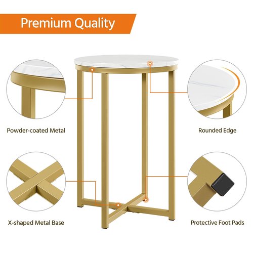 Yaheetech Faux Marble Side Table, 16in Modern Accent Sofa Table, Round Tabletop, Sturdy Metal Legs for Living Room, Mustard Gold