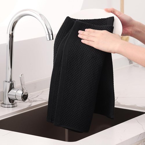 Homaxy 100% Cotton Kitchen Dish Towels - Ultra Soft & Absorbent Waffle Weave | 20 x 28 Inches, 8-Pack, Black