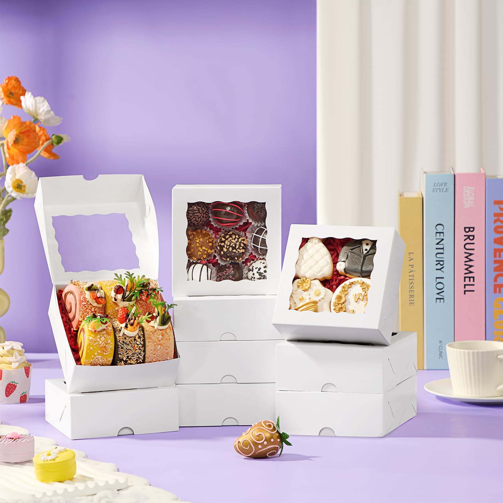 JCXGRVC 20PCS 5x5x2 Inch Bakery Boxes Chocolate Covered Strawberries Boxes for 4 Mini Cake Boxes Cookies Macaron Boxes Pie Boxes Browines boxes