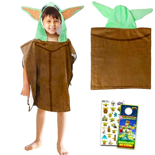 Baby Yoda Hooded Towel Set for Kids Boys Girls - The Mandalorian Bath Towel Poncho Bundle with Stickers and More | Baby Yoda Bathroom Set