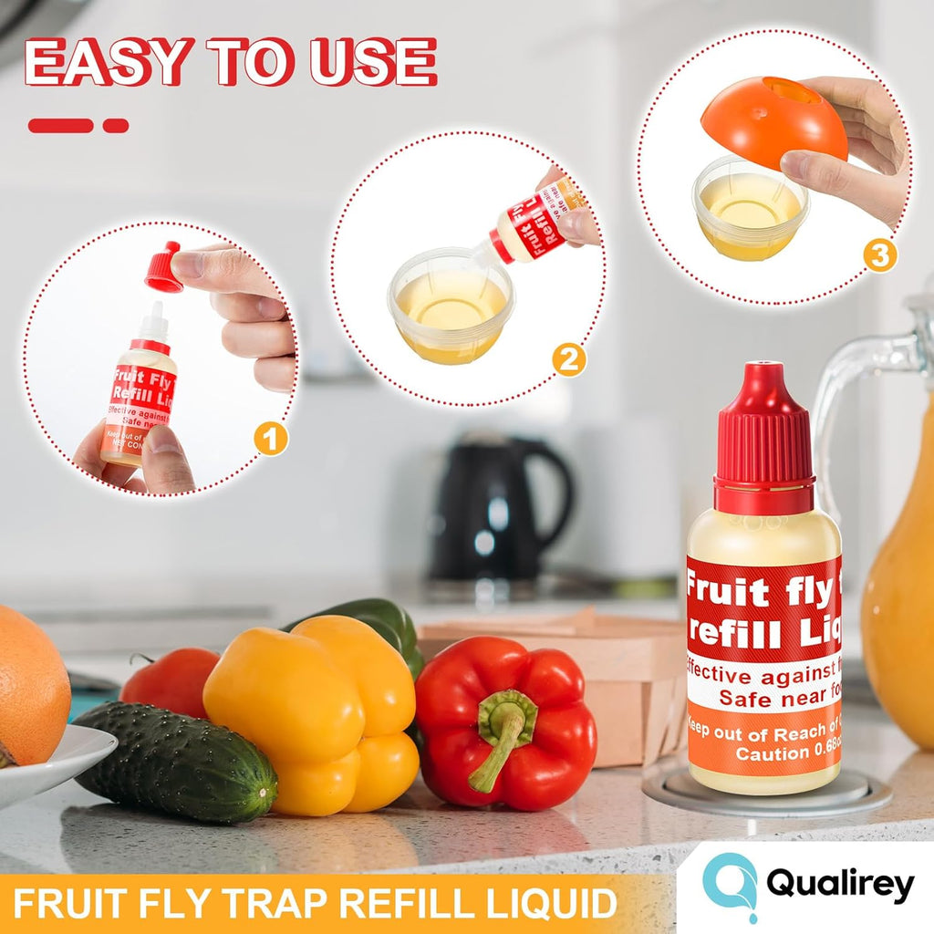 Qualirey Fruit Fly Trap Refill Liquid - Non-Toxic & Effective Indoor Solution | 0.68oz Bottle, Red