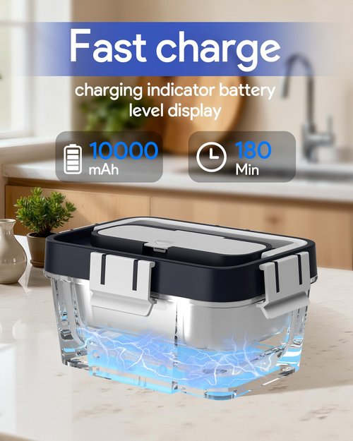 Gorgeous Cordless Electric Lunch Box, Smart Timer Auto Heating Lunch Box with Large Capacity, 10000mAh Rechargeable Food Warmer for Work, Car, Home, Leakproof Bento Container for Adults (Dark Blue)