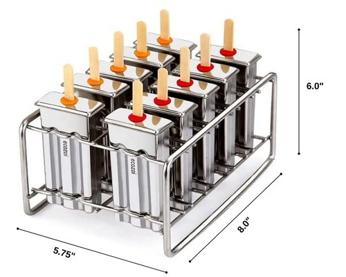ecozoi Stainless Steel Popsicle Molds and Rack - 10 Square Ice Pop Makers + 50 Reusable Bamboo Sticks + 20 Silicone Seals + 1 Cleaning Brush + 1 Rack