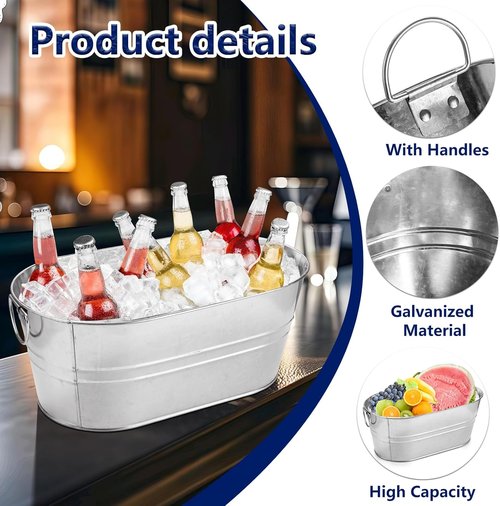 MIVIDE 2 Pack 3.3 Gallon Galvanized Tub Ice Bucket Metal Champagne Drink Bucket with Handles Galvanized Ice Buckets for Parties Mimosa Bar Cocktail Bar Cooling Supplies