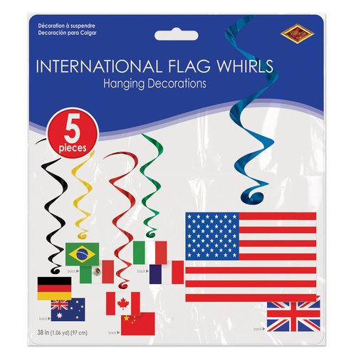 Beistle 5 Count International Flag Hanging Spirals (Pack of 2) - Green, Red, Blue, Yellow - Plastic and Cardstock