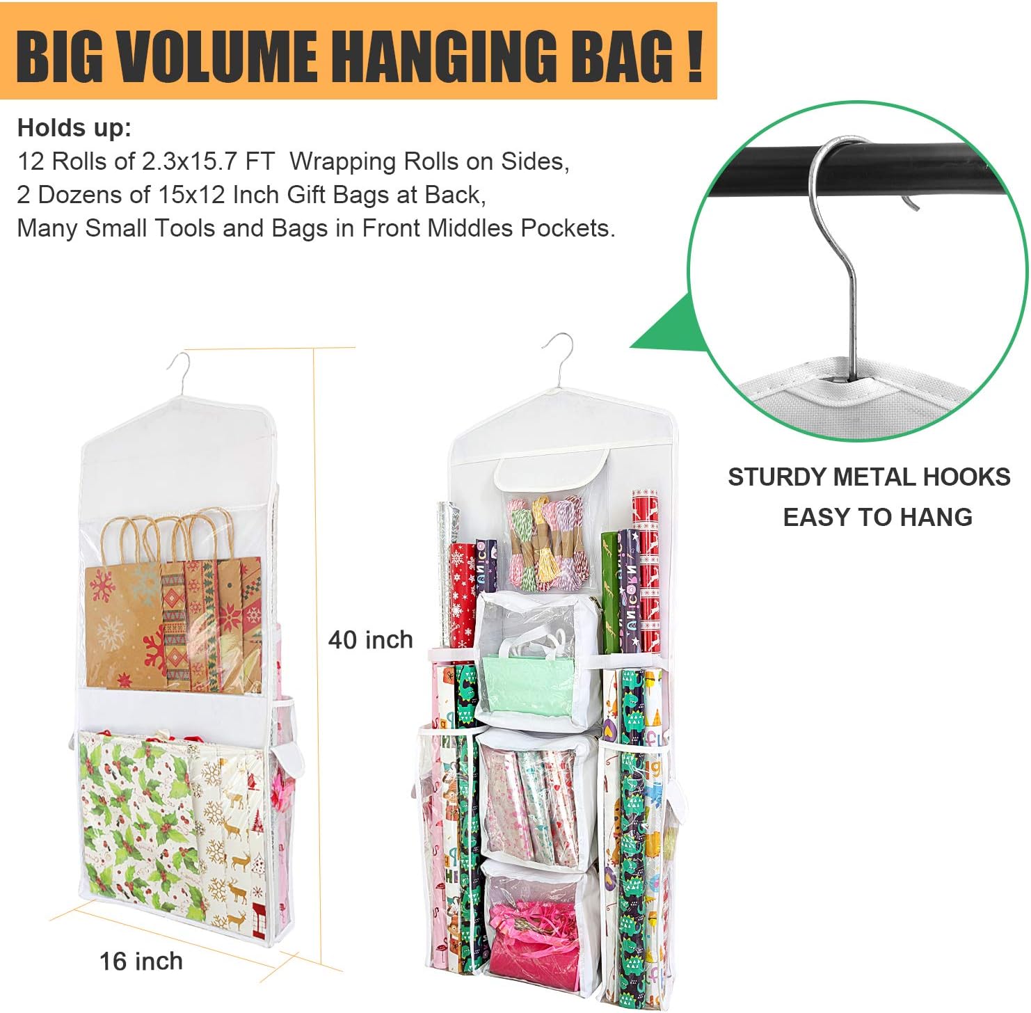 SumDirect Gift Wrap Organizer - Double-Sided Hanging Storage for Wrapping Paper & Gift Bags - White