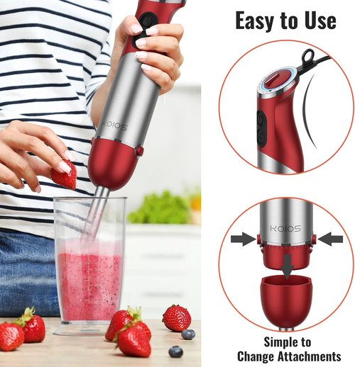KOIOS 5-in-1 Hand Immersion Blender - 1000W 12-Speed Handheld Mixer with Copper Motor & Stainless Steel Blade | Includes 600ml Beaker, 500ml Food Processor, Whisk & Milk Frother - Non-BPA, Red
