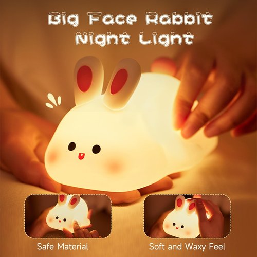 NesveCit Big Face Rabbit Night Light, Adorable LED Bunny Night Lamp, Silicone Dimmable Nursery Nightlight for Girls, Silicone Rechargeable Bedside Touch Night Lights for Easter Decor