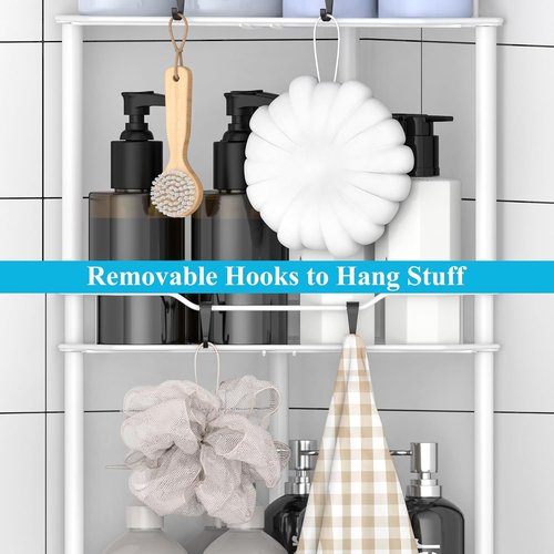 HuggieGems Corner Shower Caddy Organizer - 4 Tier Floor Standing Shelf with Hooks | White Bathroom Storage