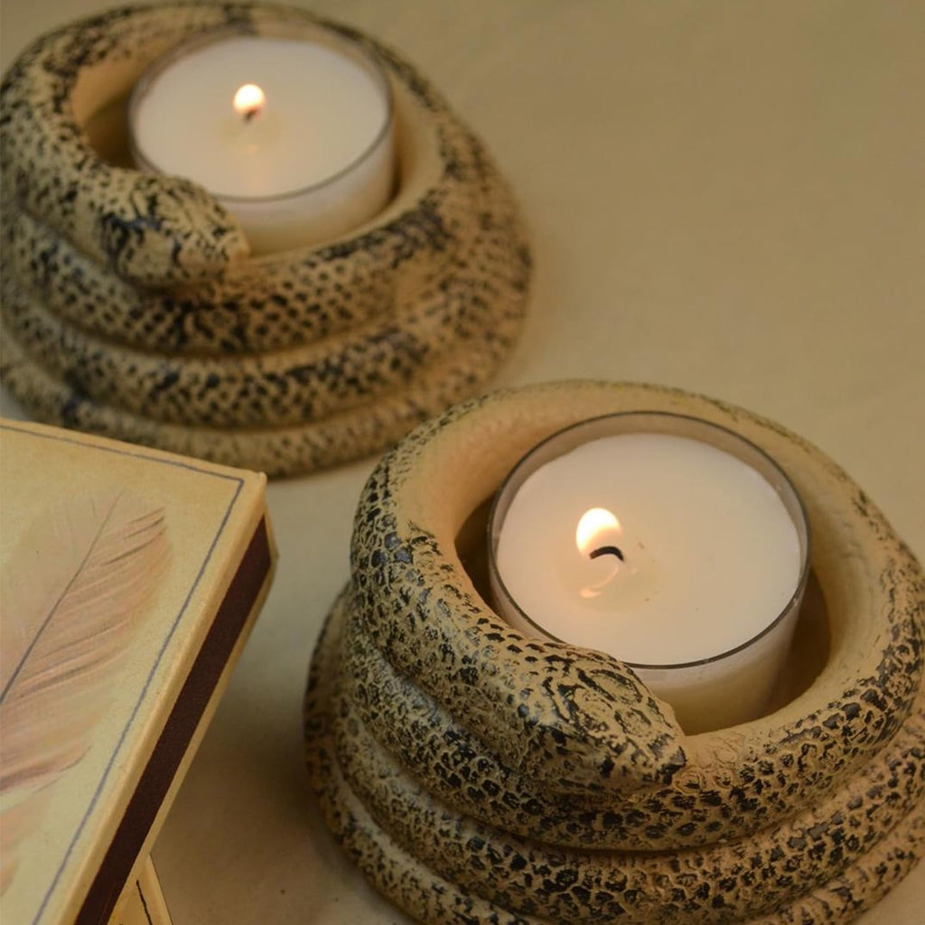 Skiennix Coiled Snake Candlestick Holder - Resin Tealight Candleholder | Serpent Sculpture Decor (2 Pcs)