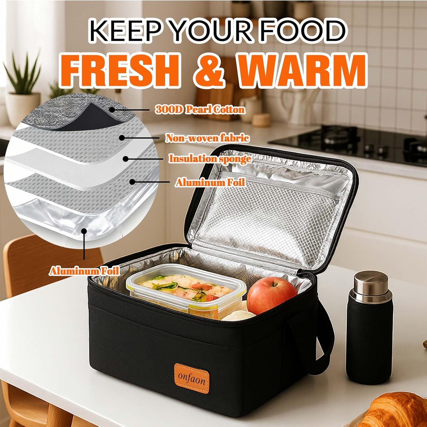 ONFAON Insulated Lunch Bag - Reusable Leakproof Cooler Tote with Adjustable Strap | Black