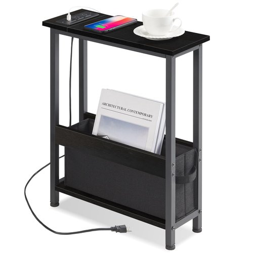 BAMGROW Slim Charging End Table with Storage - for Small Spaces and Bedroom (Black)
