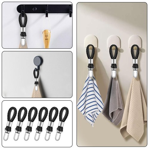 SXoonKing 6Pcs Kitchen Towel Clips, Metal Clips for Hanging with Braided Cotton Loop, Kitchen Hand Towel Holder Hook for Home Bathroom Cupboards Cloth Hanger Holder