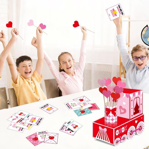 ojustbeok 50 PCS Large Valentine's Day Card Box for Exchange Valentine's Day Train Mailbox for Classroom Exchange Valentine Card for Train Heart Party Favors