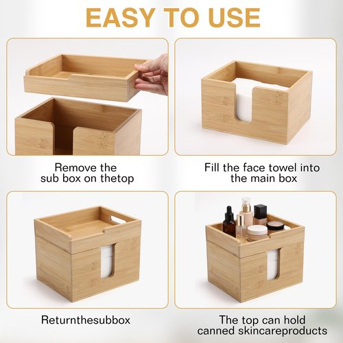 InnJoey Bamboo Face Towel Holder with 120 XL Towels - Open-Top Skincare Organizer for Facial Cleansing Wipes & Beauty Essentials - Bathroom Countertop Vanity Organizer