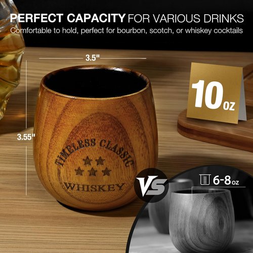 SALUNA Bourbon Glasses Set of 4 - Charred Wooden Bourbon Drinking Glass 4 Pack 10 Oz, Whiskey Glasses Set 4 with Drain Rack and Metal Ice Cubes, Bourbon Gifts for Men, Dad on Birthday Anniversary