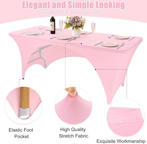 Fivenl Spandex Rectangle Tablecloths - 2 Pack Washable Fitted Covers for 6FT Tables | Open Back Pink