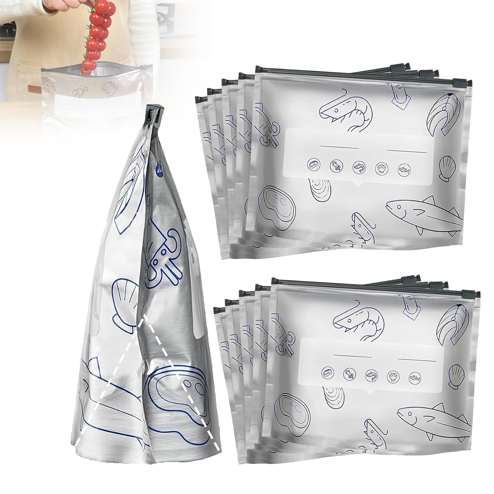 Reusable Aluminum Foil Sealable Storage Bags, 2025 New Resealable Vacuum Zipper Pouches for Food, Stand Up Foil Sealable Bags with Label and Zip Lock for Vegetable Fruit Meat (30PCS, 3 Size)