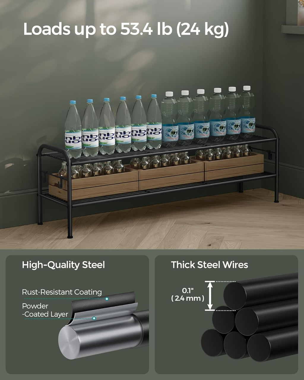 SONGMICS 2-Tier Shoe Rack - Height-Adjustable Metal Organizer with 4 Side Hooks | Holds 18 Pairs - Ink Black