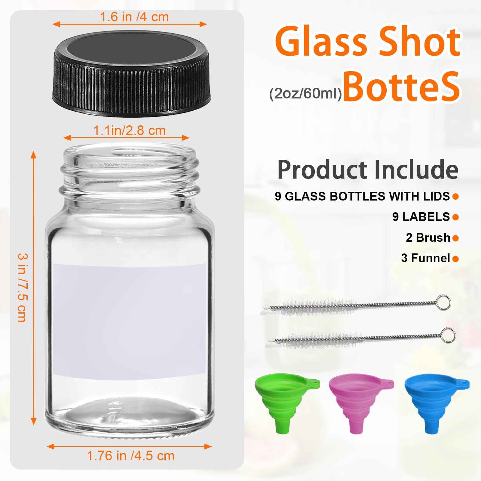 SAIAOKJ 9 Pack Glass Bottles with Lids - 2 oz Wide Mouth Leakproof Reusable Juice Travel Bottles with Labels for Ginger Shot, Turmeric Juice, Whiskey & Camping
