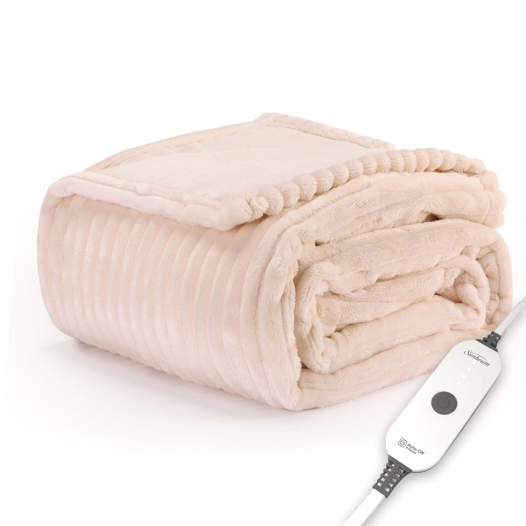 Sunbeam Electric Throw Royal Posh Velvet Heated Blanket, 4 Heat Settings, 4-Hour Auto Shut-Off, Fast Heating, Lush, Silky, and Ultra Comfy, Ribbed Champagne Color, 50" x 60"