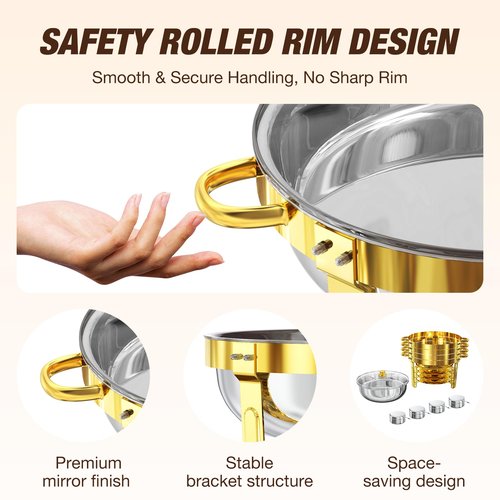 WARMOUNTS Gold Chafing Dishes for Buffet 4 Pack, 5QT Stainless Steel Round Chafers and Buffet Warmers Sets with Glass Lid & Lid Holder, Stackable Design, for Catering Events, Parties, Weddings