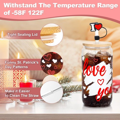 2 Pcs Valentine's Day Glass Cups 16 oz Color Changing Cups with Lids & Straws Iced Coffee Tumbler Drinking Mug with Printed love you Red Heart for Galentines Couple Wedding Anniversary Birthday Gifts