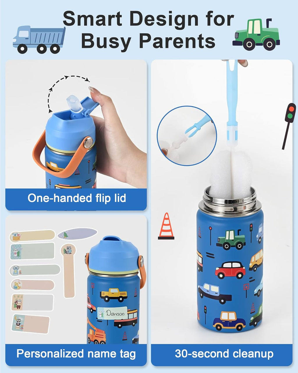 Skiennix Kids Water Bottle - Insulated 14oz Stainless Steel with Silicone Straw Lid | Leak-Proof Cars & Trucks Design, Custom Name Tag for School & Travel