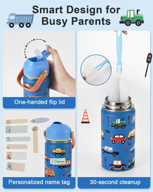 Kids Water Bottle 14oz with Silicone Straw Lid - Insulated Toddler Water Bottle Stainless Steel Keeps Cold 24H, Leak Proof & Cars Trucks Prints Design | Custom Name Tag for School, Daycare, Travel