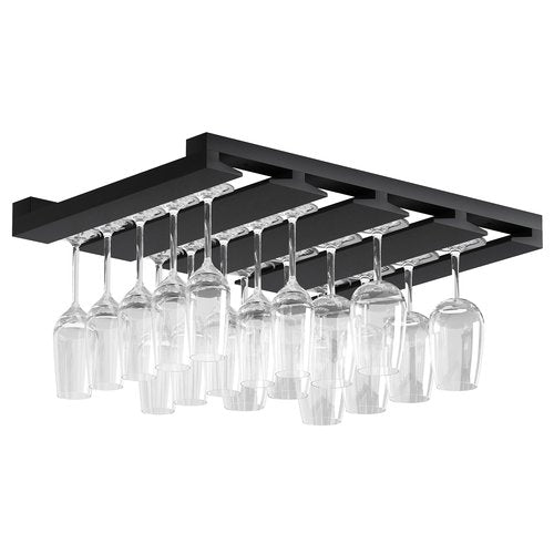 Rustic State Eze 4 Sectional Under Cabinet Mount Wood Stemware Rack Hanging Shelf Glassware Holder Bar Organizer with up to 12 Wine Glass Storage 12 Inch Deep - Black