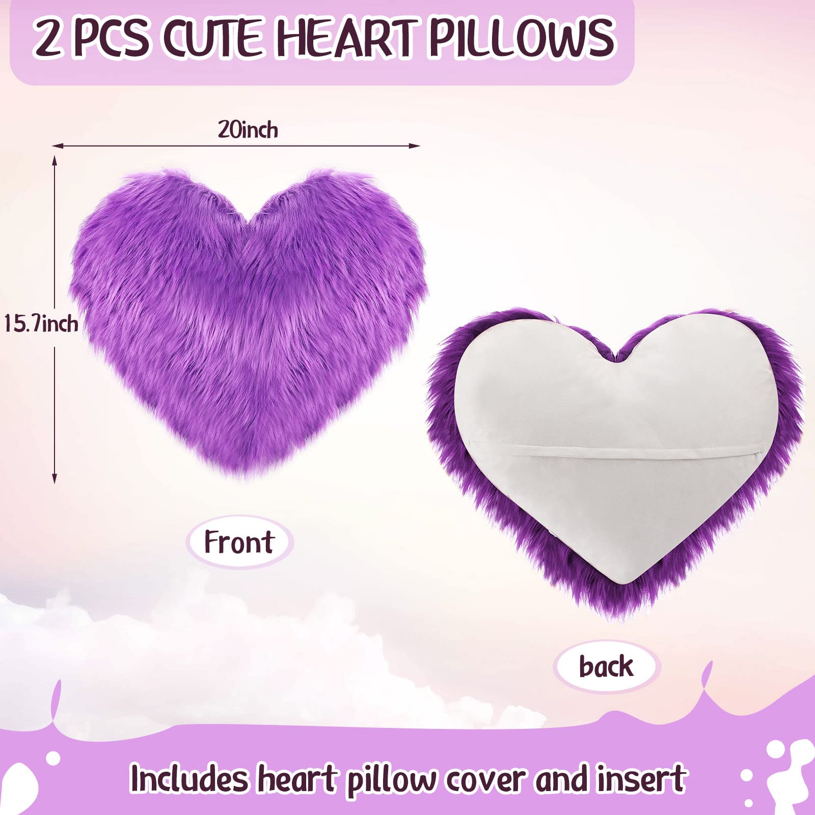 Enhon 2 Pcs Fluffy Heart Pillows Faux Fur Heart Shaped Plush Pillow Soft 20 x 15.7 Inch Love Throw Pillows with Insert for Decorative Office Home Bedroom Living Room Sofa(Violet)