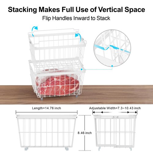 iSPECLE Freezer Organizer Bins - 4 Pack Adjustable Width for 5 to 7 Cu.Ft Chest Freezers, Stackable Wire Storage Baskets for Deep Freezer Organization, Assembly Required, White