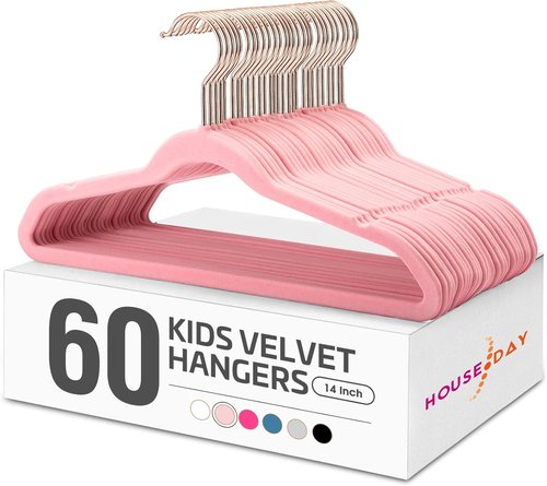 HOUSE DAY Velvet Kids Hangers - 60 Pack Premium Non-Slip 14 Inch Cute Childrens Closet Hangers | Blush Pink