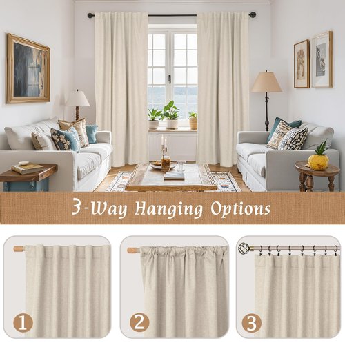 LAMIT 100% Blackout Oatmeal Linen Curtains, 63 Inches Linen Textured Thermal Bedroom Curtains Back Tab and Rod Pocket Neutral Panels with White Liner for Farmhouse, 2 Panels, 52 x 63 Inch