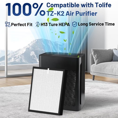 LemonQueen TZ-K2 Replacement Filter Compatible with ToLife Air Puri-Fier Filter TZ-K2-A, 3-in-1 H13 HEPA with Activated Carbon and Pre-Filter, 2 Pack