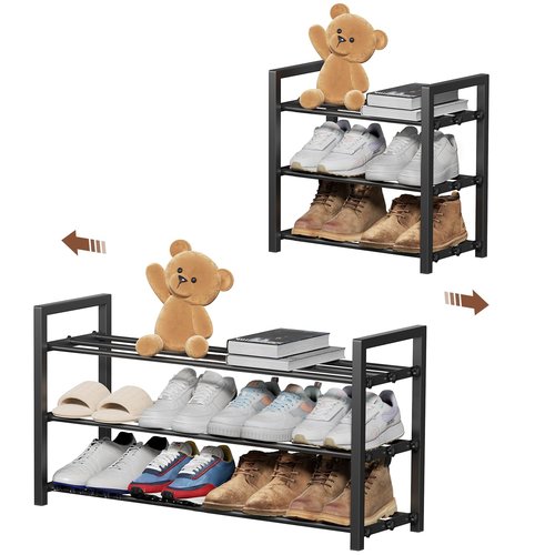 HDDTTZ 3-Tier Expandable Shoe Rack, Adjustable Shoe Shelf Storage Organizer Heavy Duty Metal Free Standing Shoe Rack for Entryway Closet Doorway (Black)