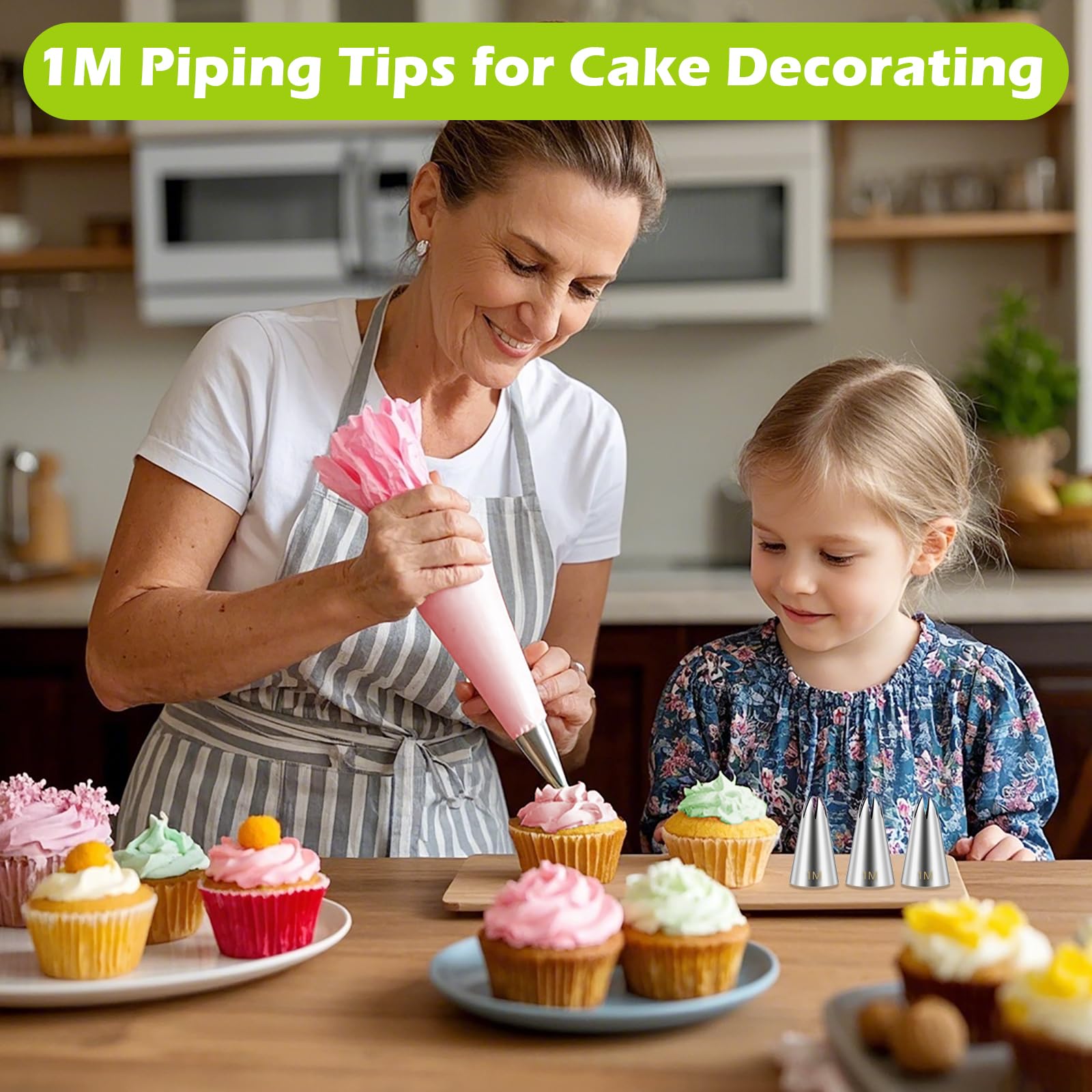 Suuker 1M Cake Decorating Tips, Seamless Stainless Steel Large Star Piping Tips Set, Open Star Frosting Tips for Cupcakes, Cookie and Cake Decorating, 3 Pieces
