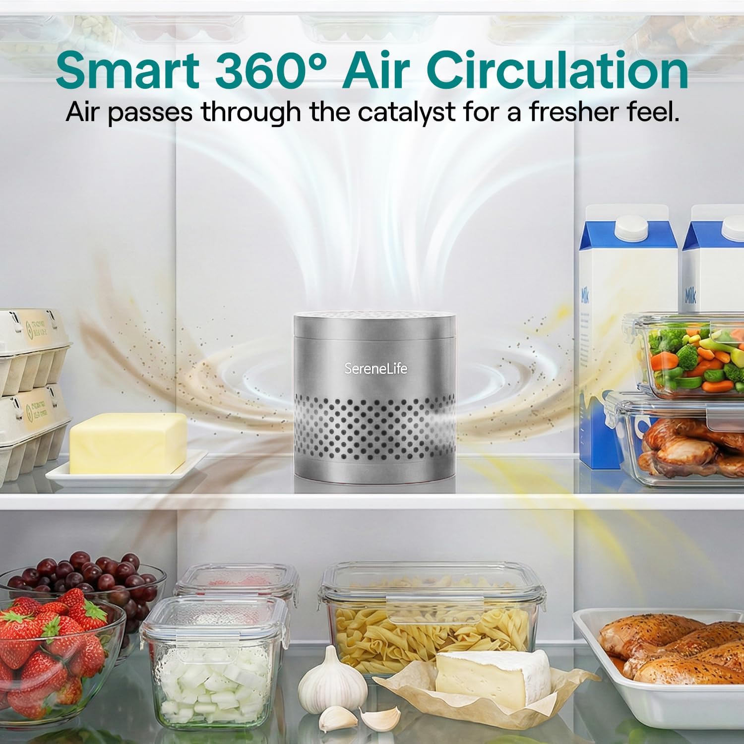 SereneLife Refrigerator Deodorizer - Multi-Use Odor Eliminator Pod | Compact & Reusable, Lasts Up to 10 Years (Gray)