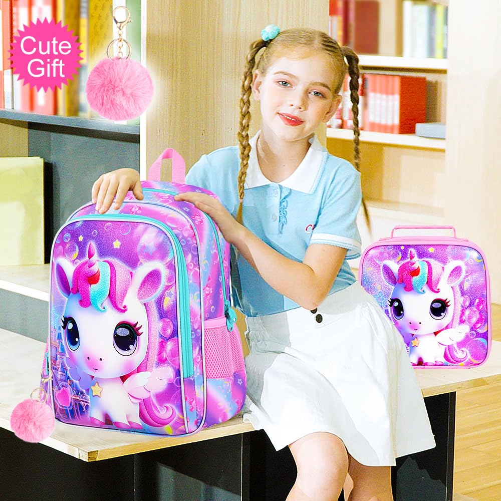 KLFVB 3PCS Unicorn Backpack, Water Resistant Kids Bookbag with Lunch Box for Girls, 16" Preschool Backpacks for Elementary - Small Unicorn