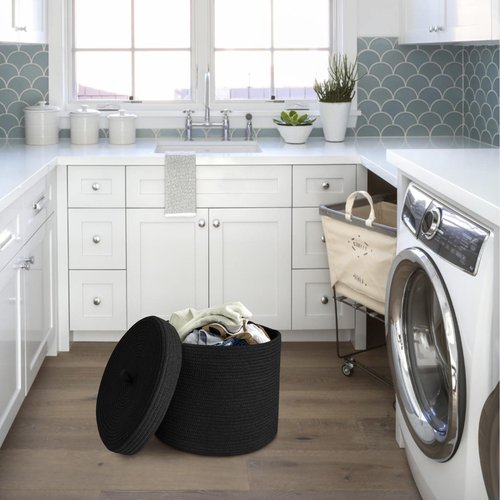 HONCESTA Storage Basket with Lid, 15” x 13” Lidded Blanket Basket Living Room, Black Woven Baskets for Storage, Nursery Kids Cotton Rope Toy Bin Box with Cover, Wicker Laundry Basket Pillow Holder