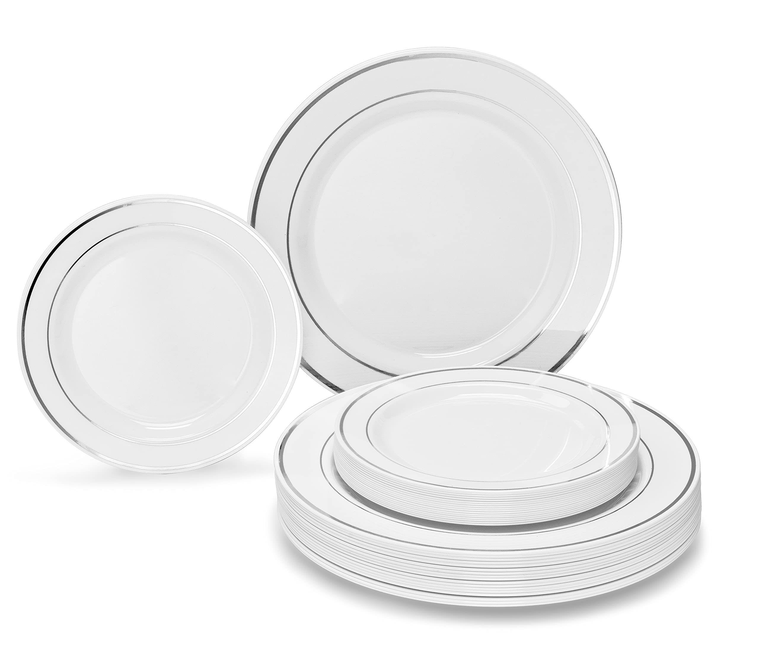 OCCASIONS 50pc Disposable Plastic Plates for 25 Guests - Heavy Duty Hard Fancy Plates Set, China-Like Look - 10.5" Dinner & 7.5" Salad/Dessert for Wedding Party, BPA Free (White & Silver Rim)