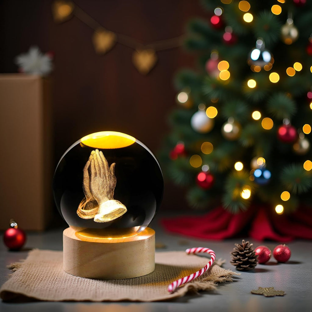 3D Hands Prayer Crystal Ball by [Brand Name] - Religious Glass Figurine with Wooden Base | 2.36-Inch Night Light for Home Decor