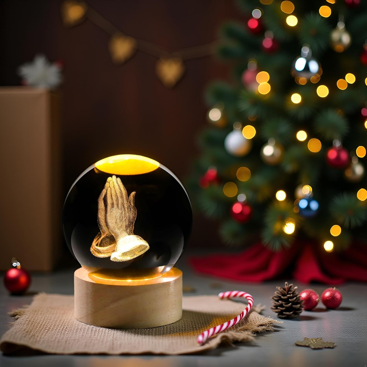 3D Hands Prayer Crystal Ball by [Brand Name] - Religious Glass Figurine with Wooden Base | 2.36-Inch Night Light for Home Decor