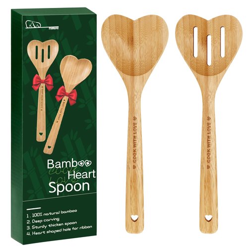 Bamboo Heart Shaped Spoon for Cooking - Wooden Cook with Love Spoon Kitchen Utensils, Valentines Mother's Day Gifts for Grandma Mom Couple Wife Hostesses House Warming, 2Pcs