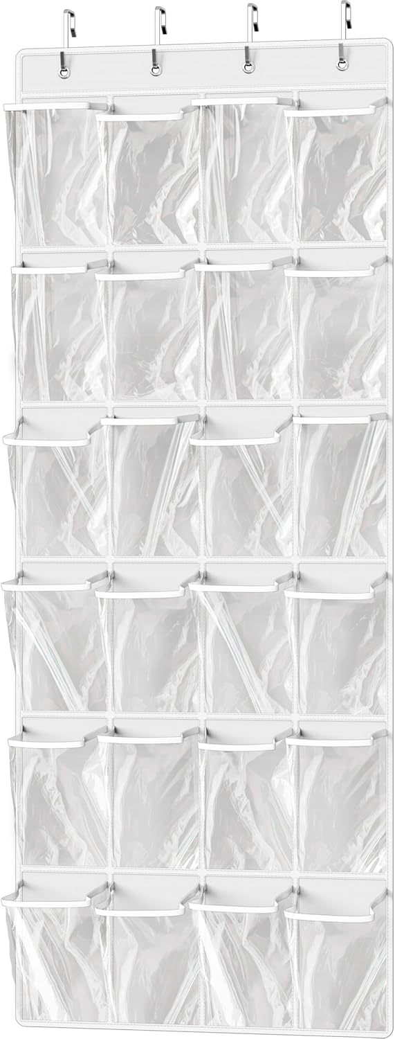 Simple Houseware Over The Door Hanging Shoe Organizer - 24 Large Clear Pockets, White (56" x 22.5")