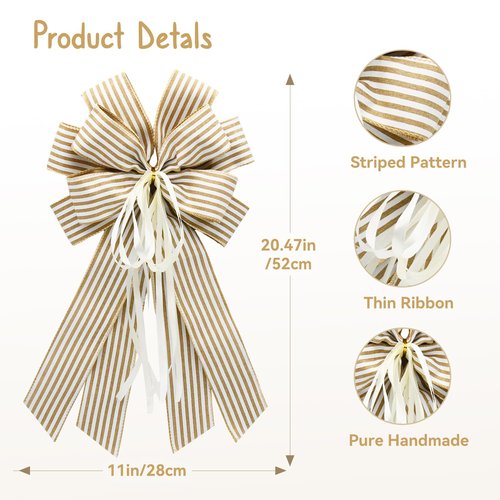 Craflox Christmas Netural Striped Wreath Bows, 2Pcs Farmhouse Beige Striped Burlap Bows Tree Ornaments Decor, Hanging Ornament Bow for Wedding, Holiday and Party Decor